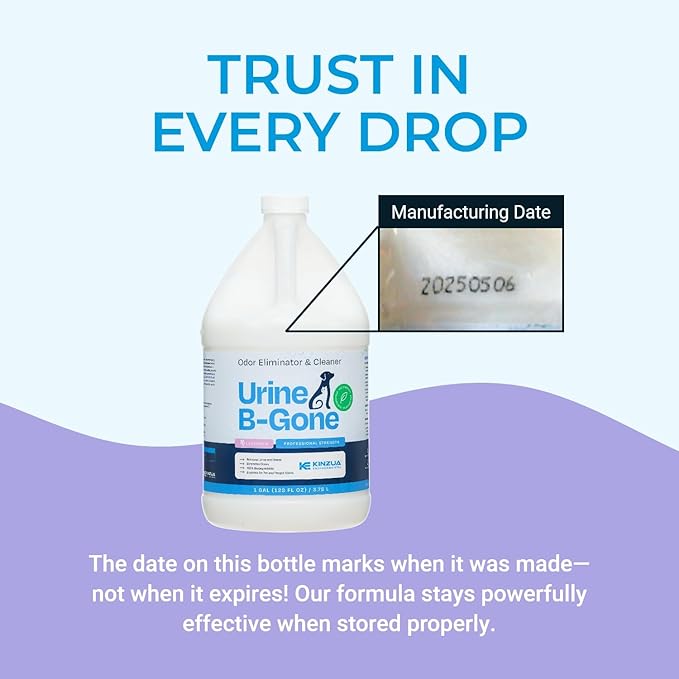 KINZUA ENVIRONMENTAL Urine B-Gone, Professional Enzyme Odor Eliminator & Pet Stain Remover, Human, Cat & Dog Urine Cleaner, Effective on Laundry, Carpets & More, Lavender Scent, 1 Gallon