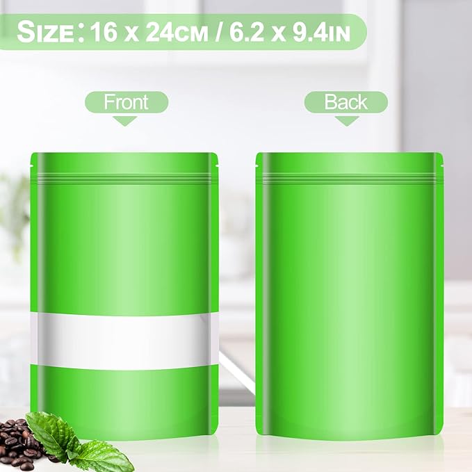 100 Pack Smell Mylar Proof Bags for Food Storage, Resealable Packaging Bags for Small Business, Stand Up Foil Pouches Reusable Heat Sealable Bags with Clear Window (Green, 6.3x9.4 In)