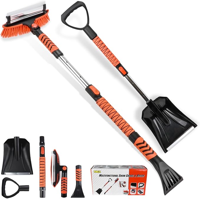 42'' Ice Scraper and Extendable Snow Brush Emergency Snow Shovel Snow Broom with Foam Grip 180° Pivoting Brush Head Snow Scraper for Cars, Trucks, SUVs, Vehicle