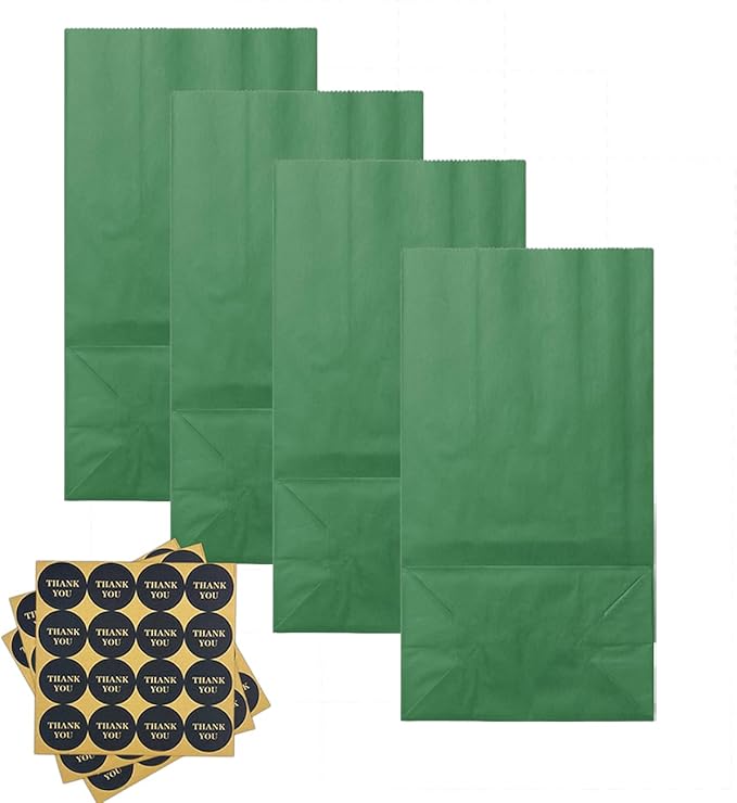 Bakepacker 100 Pcs Deep Green Treat Paper Bags with 100 Stickers 5.1"x3.1"x9.4" Brown Kraft Small Party Gift Bag Snack Bag without Handle