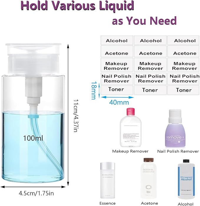 Push Down Pump Dispenser, 3.4oz Clear Pump Bottles with Alcohol, Acetone, Nail Polish Remover, Makeup Remover, Toner Stickers Empty Push Top Container for Liquid (100ml-2Pack)