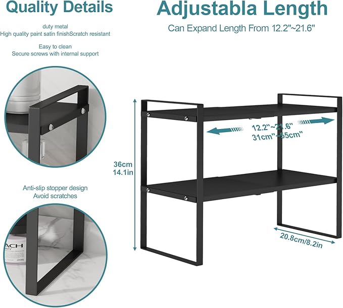 2 Tier Cabinet Shelf Expandable Cupboard Under Sink Countertop Organizer Riser Rack for Kitchen Pantry Home Organization Extra Storage Space Saver Heavy Duty