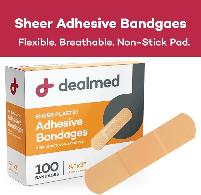Dealmed Sheer Plastic Flexible Adhesive Bandages – 100 Count (3 Pack) Bandages with Non-Stick Pad, Latex Free, Wound Care for First Aid Kit, 3" x 3/4"
