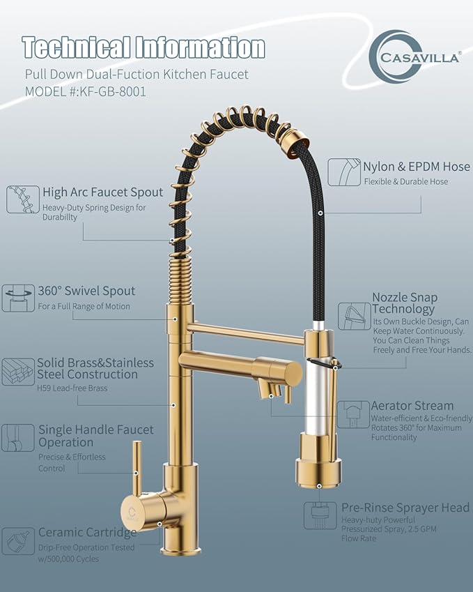 Kitchen Faucets with Pull Down Sprayer, Brushed Gold Faucet for Kitchen Sink with Dual Function Spray Head, Commercial Spring Single Hole Kitchen Sink Faucet with Dual Function Spray Head