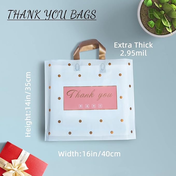 MLAFLY Thank You Bags - 50 Pack Plastic Bags for Retail, Parties & Favors (Polka Dot-Large 14"x16")