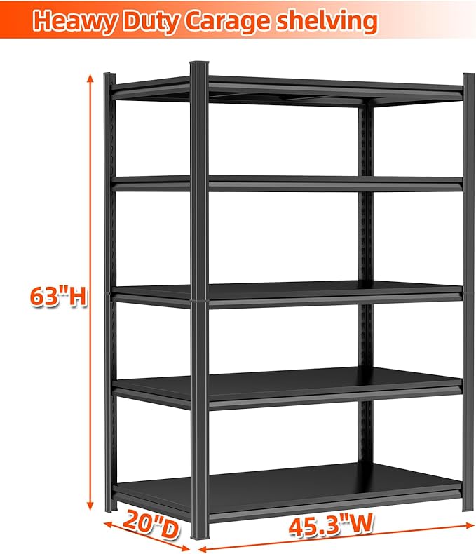 20"D Heavy Duty Garage Shelving, Garage Storage Shelves, 2500 LBS Capacity 5 Tier Adjustable Metal Utility Shelves, Industrial Shelving Unit for Basement and Warehouse, Pantry Closet, Workshop, Black