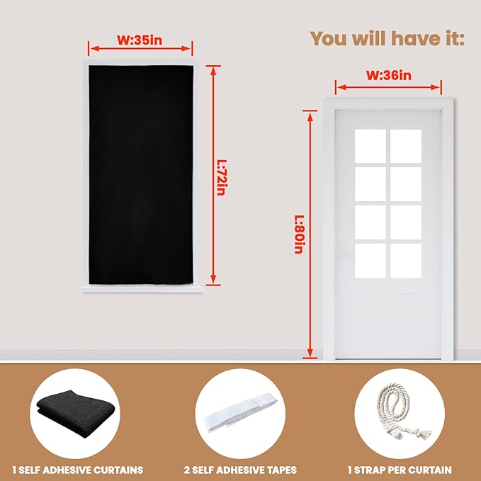 Adhesive Curtain,100% Blackout Curtains, No Drilling, Suitable for Multi-Scenes Privacy Protection (Black - W35 × L72 in)