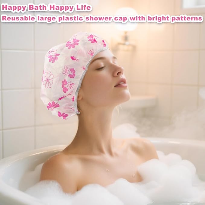 18Pcs Plastic Shower Caps for Women Waterproof Bath Caps Bathing Hair Cap Reusable Shower Caps for Shower,Spa,Salon,Housework,Girls,Home,Travel (Red-Flower)