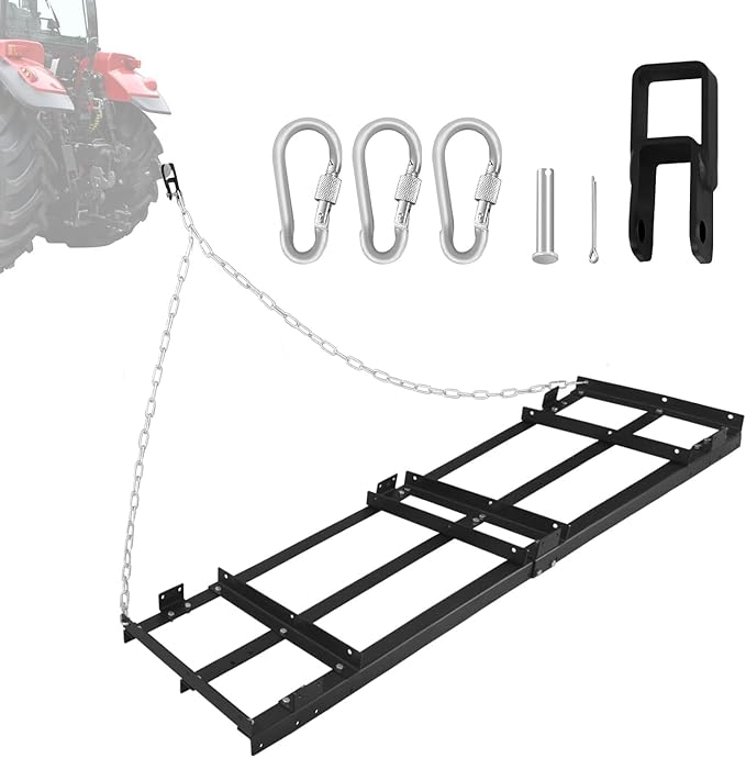 8FT Drag Harrow Driveway Grader, Heavy Duty Power Rake, Driveway Drag for Gravel W/ 6 FT Chain, Tow Behind Lawn Rake for ATV, UTV, Tractor, Mower, Land Leveler for Gravel, Sand, Soil, Hay