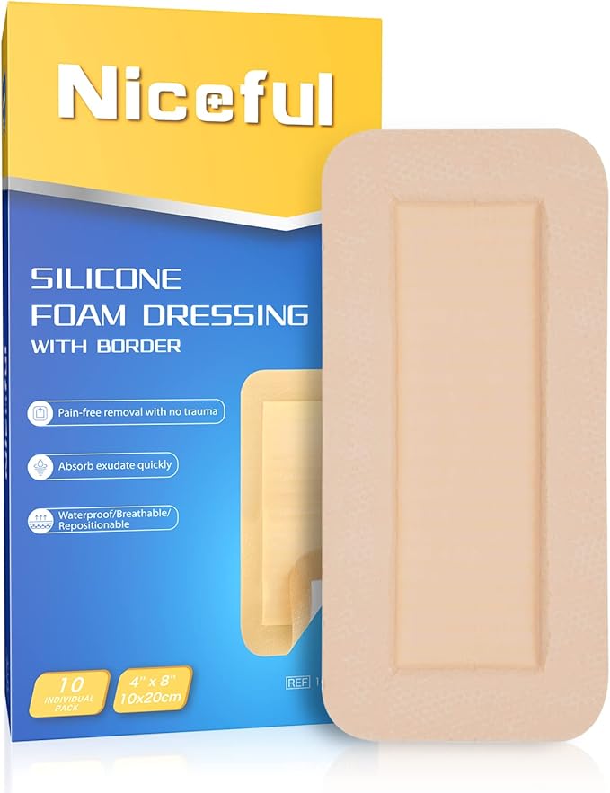 10 Packs Silicone Foam Dresssing 4x8 in, Highly Absorbent Silicone Foam Dressing, Gentle Adhesive Foam Dressing Waterproof