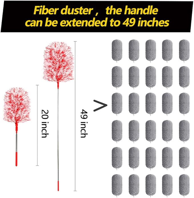 20-49inches Extendable Microfiber Feather Duster with 10pcs Replaceable Heads, Extra Long Bendable Duster for Cleaning, Electrostatic Dust Remove for Furniture, Ceiling, Window,etc (Red)