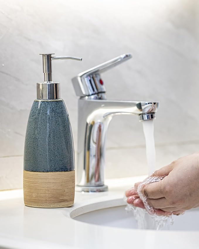 12 oz Dish Soap Dispenser with 2 Pumps, Ceramic Hand Soap Bottle for Shampoo, Body Wash, Lotion, Liquid Dispenser for Kitchen Countertop with Silicone Funnel, Blue