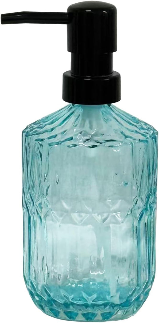 Blue Glass Soap Dispenser with Black Pump, 15oz Liquid Hand Dispenser, Refillable Lotion Dish Soap Dispenser for Modern Home Decor, Bathroom, Kitchen Countertop, Hotel