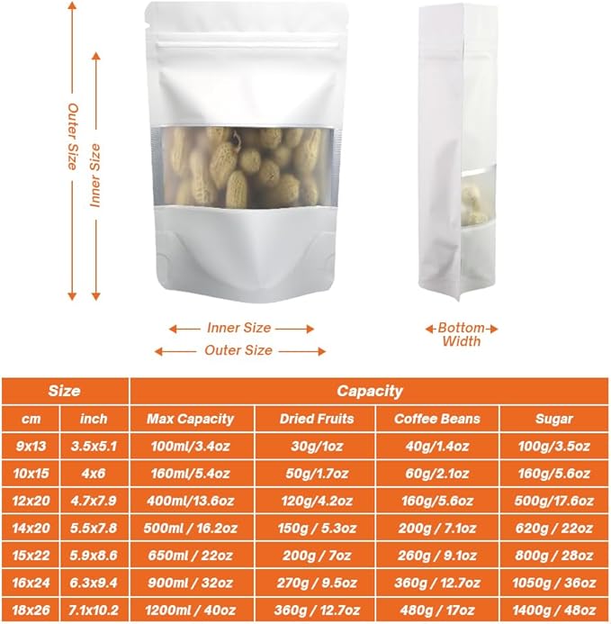 White Smell Proof Packaging Bags,Mylar Clear Bags for Food Storage,Sealable Bag for Packaging,Stand Up Pouches with Window,ReSealable Bag for Small Business,Cookies,Candy