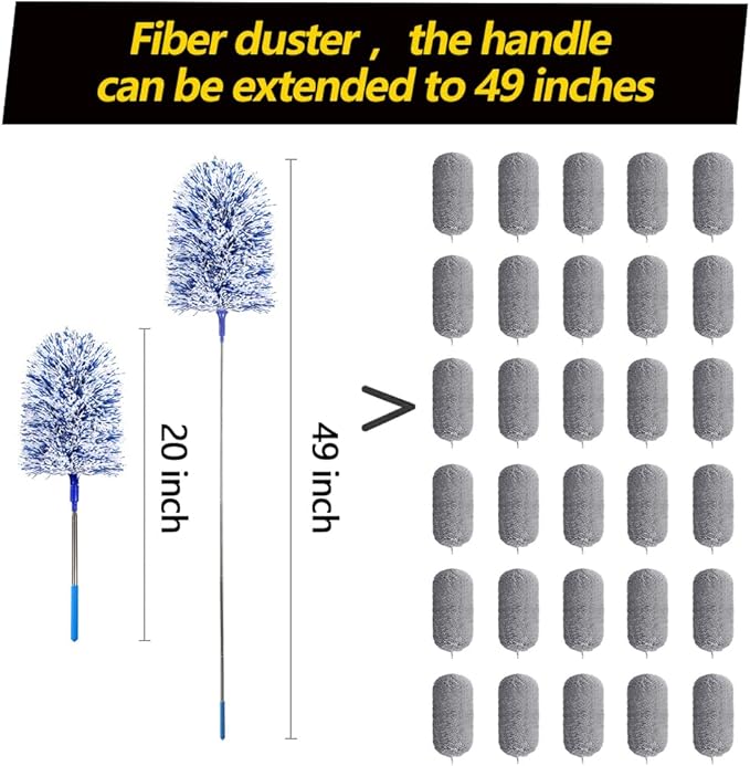 20-49inches Extendable Microfiber Feather Duster with 10pcs Replaceable Heads, Extra Long Bendable Duster for Cleaning, Electrostatic Dust Remove for Furniture, Ceiling, Window,etc (Navy Blue)