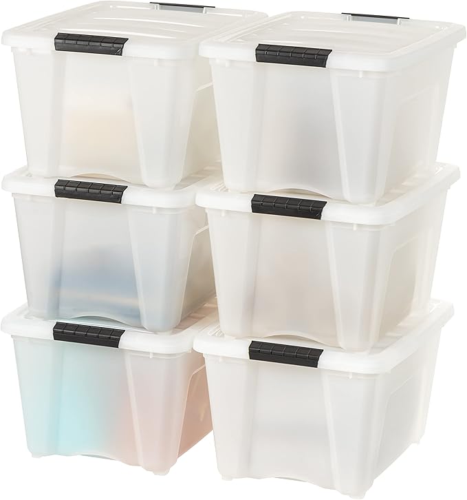 IRIS 588248 32 Quart Clear Stack and Pull Storage Container Box Bin System with Secure Latching Lids for Home, Closet, or Office (6 Count)