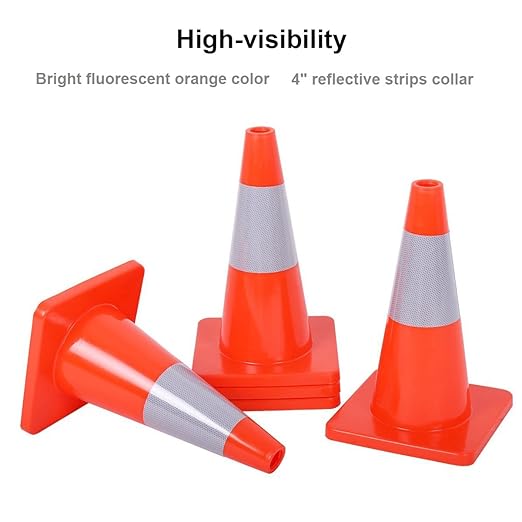 Reliancer 18PCS 18" Traffic Cones PVC Safety Road Parking Cones Weighted Hazard Cones Construction Cones for Traffic Fluorescent Orange w/4" Reflective Strips Collar