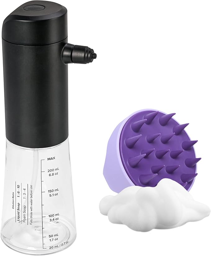 Airversa Electric Foaming Shampoo Dispenser with Hair Scalp Massager Brush 1100mAh IPX8 Shampoo Foamer for Woman Men Baby Kid Dog Cat ES1-Black Kit