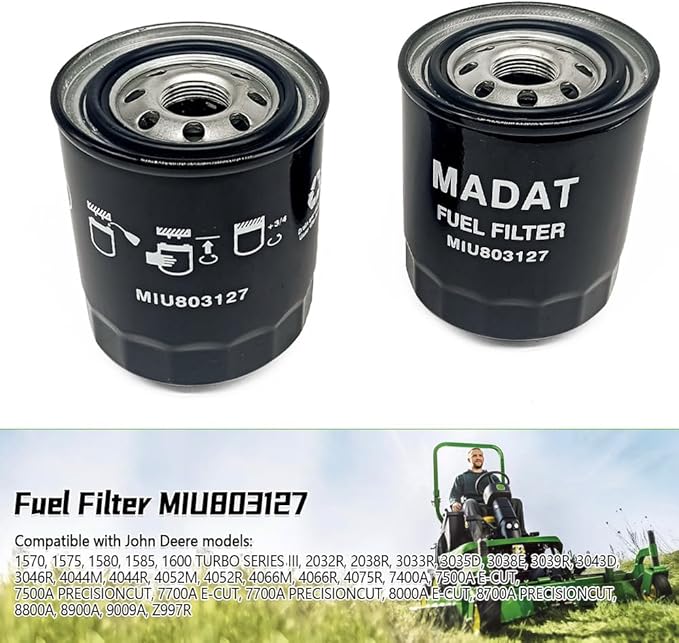 MIU803127 Fuel Filter Fit for John Deere Mower 1570 1575 1580 1585 1600 3032 4044 7400A 7500A 7700A 8000A 8700A 8800A 9009A 1600 Turbo Series III 8900A Z997R SN 25216 2-Pack