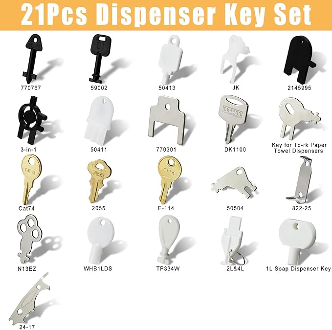 21 Pcs Dispenser Key Set for Waffle San Ja-mar Geo-rgia Pa-cific to-rk Kim-berly Cl-ark Bra-dley Paper Towel Toilet Paper Soap Dispensers Universal Replacement Keys Cat 74 E114 Key