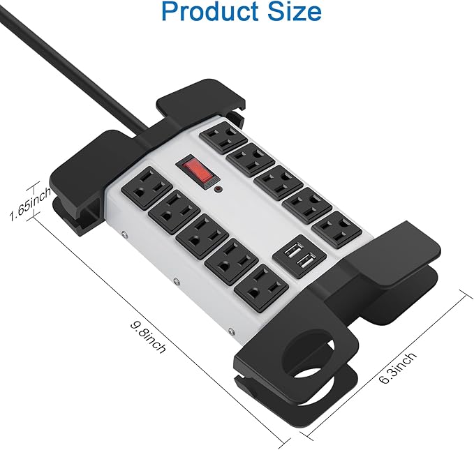 CCCEI Heavy Duty Power Strip with USB Ports, Garage 10 Outlets Surge Protector 2700 Joules, Industrial Workshop Metal 15Amp Multiple Outlets, 10 FT Extension Cord and Wide Spaced Grey.