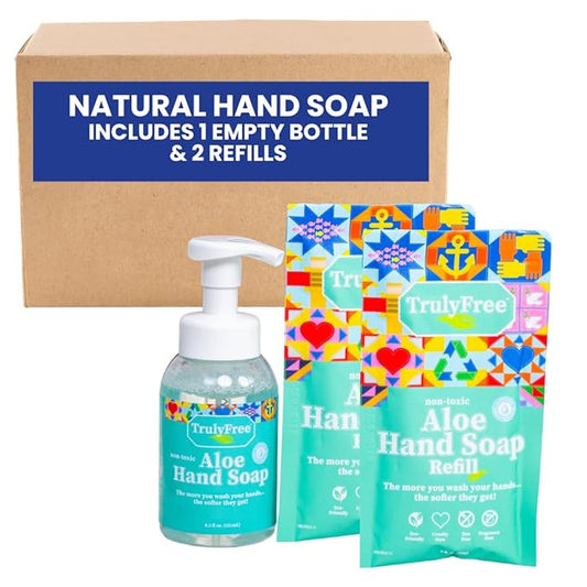 Truly Free Aloe Unscented Hand Soap - 10x Concentrated Aloe Vera, Non-Drying Gentle Cleanser - Bathroom Hand Soap - 1 Empty Bottle with Foaming Dispenser Pump + 2 Moisturizing Hand Soap Refill Pouches