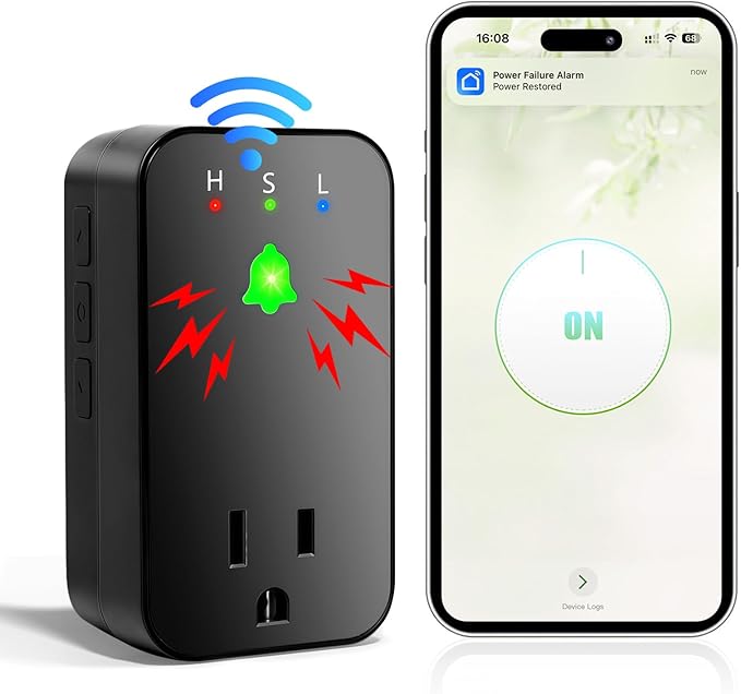 Power Failure Alarm WiFi, 110dB Loud Freezer Smart Power Outage Alarm with LED Indicator, 3 Volume Levels & Voltage Detection, Socket Expansion, App Alerts, for Refrigerator, Sump Pump, Aquarium