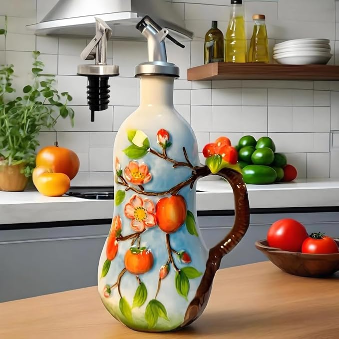 18 oz Hand-Painted Relief Ceramic Olive Oil Bottle Dispenser, with Handle Decorative Olive Oil Dispenser Bottle, for Kitchen Ceramic Oil Vinegar Bottle Seasoning Bottle with Stainless Steel Pour Spout