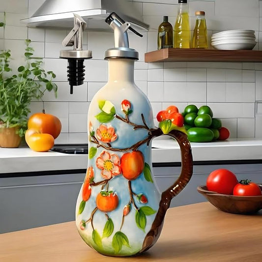 18 oz Hand-Painted Relief Ceramic Olive Oil Bottle Dispenser, with Handle Decorative Olive Oil Dispenser Bottle, for Kitchen Ceramic Oil Vinegar Bottle Seasoning Bottle with Stainless Steel Pour Spout