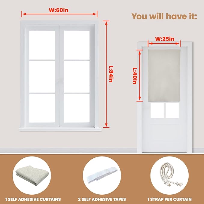 100% Blackout French Door Curtain,Adhesive, No Drilling Required,Small Curtains Designed for Installation On Doors (Light Beige - W25 × L40 in)