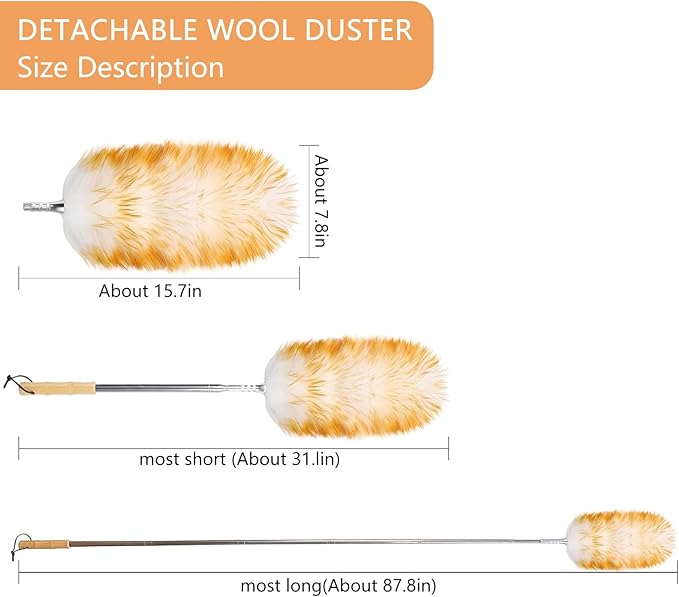 Lambswool Duster Extendable 31-88 Inch, Anti-Static Flexible Head, Stainless Steel Pole for High Ceilings, Fans, Interior & Roof Dusting - Yellow & White