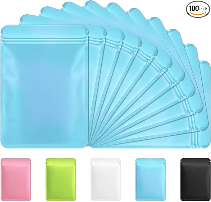 Funfery 100 Pack Blue Mylar Packaging Bags Resealable Bags Double Sided Color Odor Proof Pouch Baggies Smell Proof Foil Bag for Food Storage,Small Business(Blue,6.3x9.4inch)
