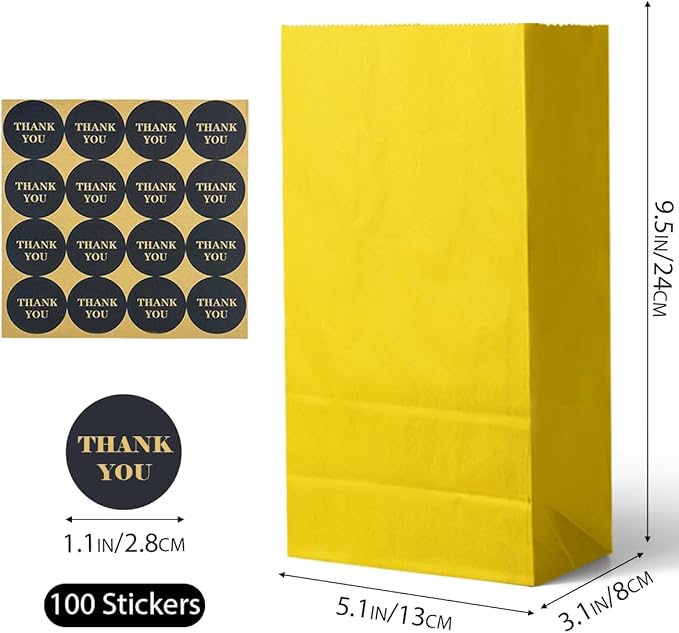 Bakepacker 100 Pcs Bright YellowTreat Paper Bags with 100 Stickers 5.1"x3.1"x9.4" Small Party Gift Bag Snack Bag without Handle
