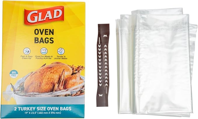 Glad Turkey Size Oven Bags for Meats & Poultry 8-24 lbs – BPA-Free* for Tender, Juicy Roasts with Fast & Easy Clean-Up, Turkey Cooking Bags, Roasting Bags, 19" x 23.5" - 2 Count (Pack of 12)