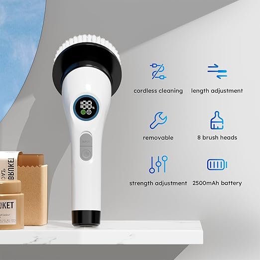Electric Spin Scrubber with 8 Brush Heads – HIMAAT IPX7 Waterproof, Adjustable Extension Handle & LCD Display – Powerful Cleaning Brush for Bathroom, Kitchen, Tile, Grout, and Shower