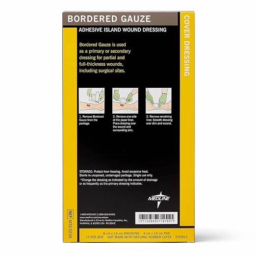 Medline Sterile Bordered Gauze, 3" x 6" with 1.5" x 4" Pad (Pack of 15)
