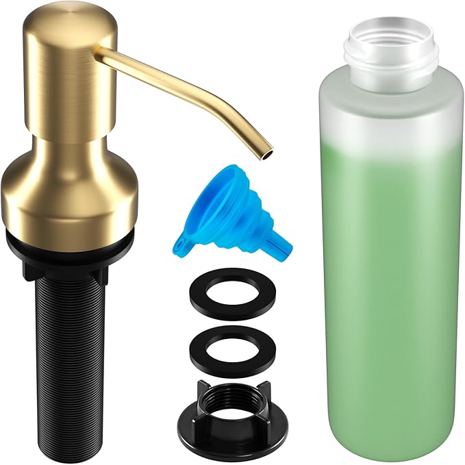 Soap Dispenser for Kitchen Sink, Kitchen Sink Soap Dispenser with 17 OZ Bottle, Refill from The Top Bar, Longer Threaded Shaft Shank, Wide Pump Head Base (Golden)