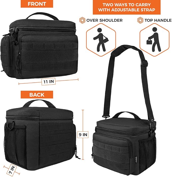 opux Tactical Lunch Box for Men, Black Mens Insulated Lunch Bag for Adult, Leakproof Soft Lunch Cooler with MOLLE Mesh Side Pockets, Multicam Heavy Duty Lunchbox Pail for Work Women, Large, 18 Cans