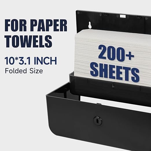 AIKE Wall Mount Paper Towel Dispenser, Fit Multifold Paper Towel Folded Size 10"x3.1" or Smaller, 200 Sheets Capacity Black Finish