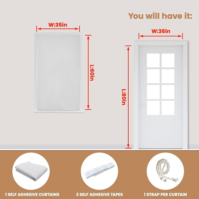 Adhesive Curtain,100% Blackout Shades,No Rod,Easy to Install,Provides Privacy Protection for Bedrooms (Grayish White - W35 × L60 in)