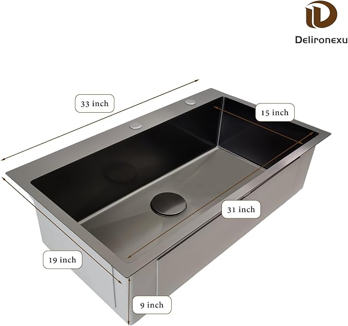 33 Inch Black Kitchen Sink Drop In – Delironexu 33x19 Drop In Kitchen Sink, 16 Gauge Black Stainless Steel sink Top Mount, Single Bowl kitchen Sinks with 4 Accessories
