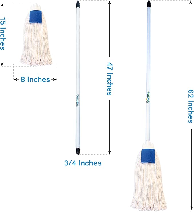 String MOP 100% Cotton, 43" Handle String Mop for Floor Cleaning with Scrubber, Hand Made in the USA for Ecofriendly Cleaning, Ultra Absorbent, Easy to Use and Clean, Machine Washable. (White)