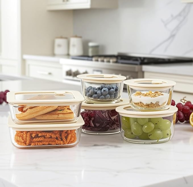 Urban Green Glass Food Container Set with Glass Lid (White Sand-6P)