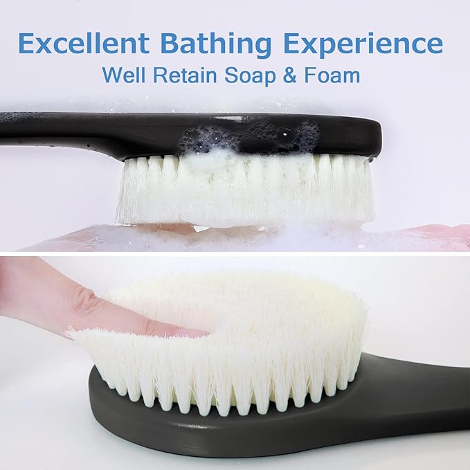 Back Brush Long Handle for Shower, Soft Bristle Back Scrubber for Shower, Ergonomics Curved Long Handle Bath Brush Exfoliating Body Scrubber with Hook and Lanyard-Black