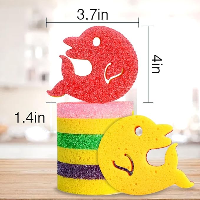 5 Pack Scrub Sponge, Dual-Sided Temperature Kitchen Sponge for Dishes Household Cleaning SmilePowo Non-Scratch Dolphin Shape Multipurpose Sponges for Kitchens, Bathrooms, and Outdoor Five Color