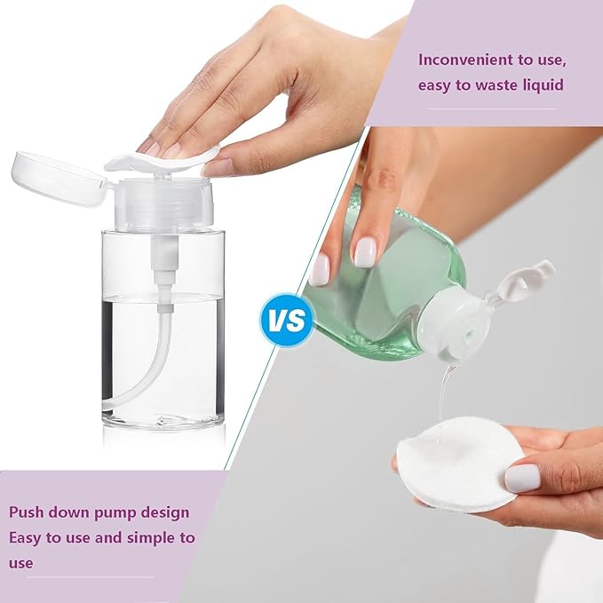 Push Down Pump Dispenser, 6.8oz Clear Pump Bottles with Alcohol, Acetone, Nail Polish Remover, Makeup Remover, Toner Stickers Empty Push Top Container for Liquid (200ml-4Pack)