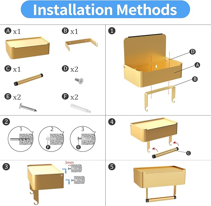 JUYSON Toilet Paper Holder with Shelf, Flushable Wipes Dispenser Fits for Bathroom Wipe Storage, Keep Your Wipes Hidden Out of Sight - SUS304 Stainless Steel Wall Mount Organizer (Color Gold)