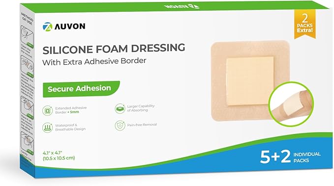 AUVON Silicone Foam Dressing with Large Adhesive Border, 4" x 4" 7 Packs Wound Dressing Bandage with High Absorbency, Waterproof Silicone Foam Pads for Wound Care & Protection Plus Cushioning