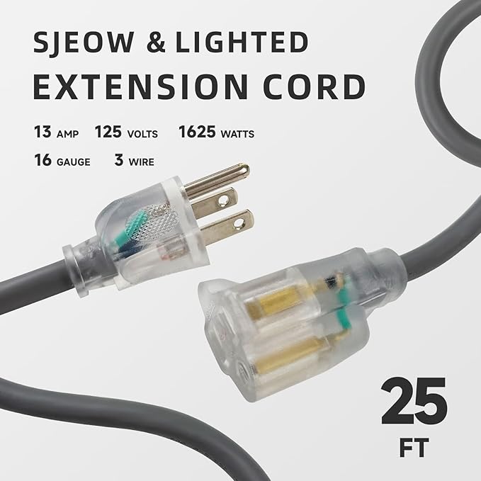 EP 25 Ft 16/3 SJEOW Heavy Duty Extension Cord, Grey Power Cable with LED Lighted Plug & 3-Prong Grounded Plug, Water-Resistant for Indoor/Outdoor Use, Lawn, Garden, Appliances & Tools