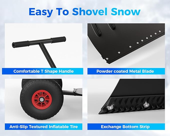 GarveeLife 29" Snow Shovel Pusher for Driveway, Heavy Duty Metal Wheeled Snow Plow with Adjustable Handle&Angled Blade,Ergonomic Single Rod Snow Removal Tool for Doorway/Sidewalk(Black